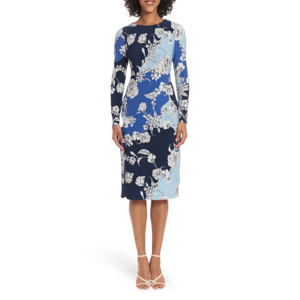 Maggy London Dress Blue Colorblock Floral Print Long Sleeve NWT